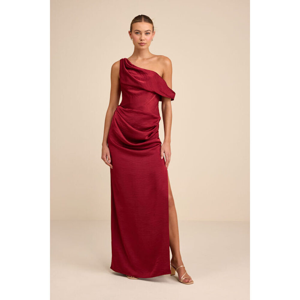 Lulus Aviana Dark Red Satin Asymmetrical Maxi Dress - Size S NWT
